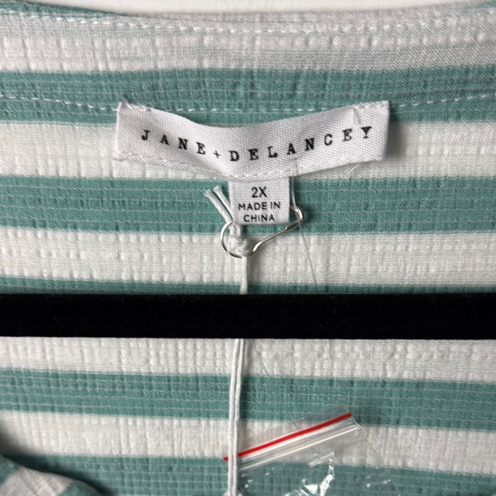 JANE + DELANCEY NWT SZ 2X GREEN/White Striped Tunic ROLL UP SLEEVES BUTTON FRONT - Picture 2 of 11